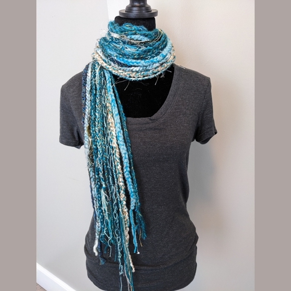 Teal Gold Aqua Ivory Handmade Fringe Scarf!! New Made By Lola - Picture 10 of 10